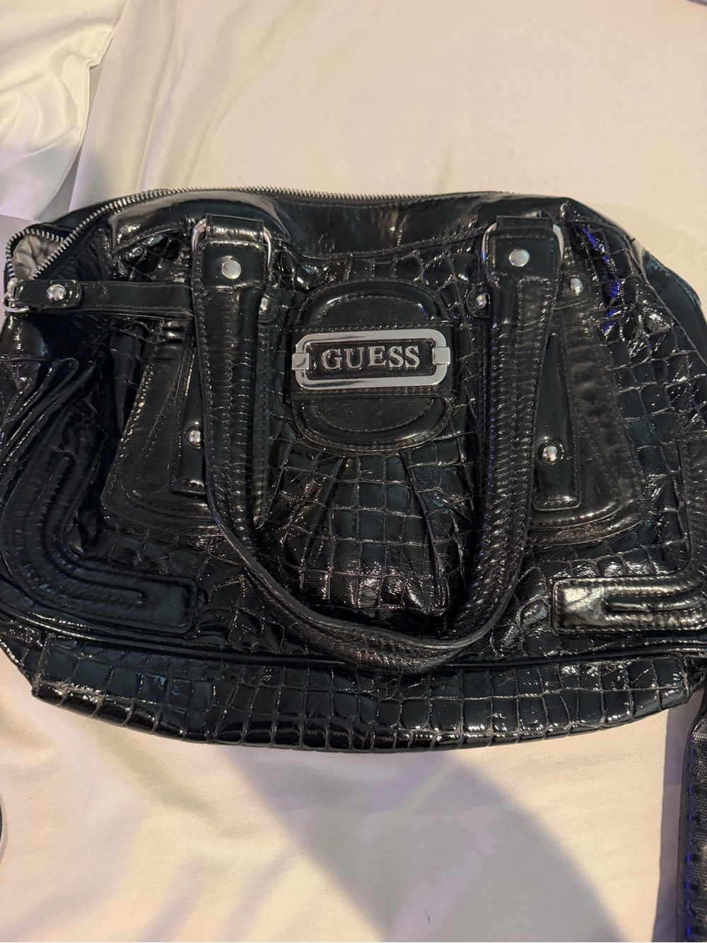 GUESS Black Croc-Embossed Patent Satchel with Metal Logo